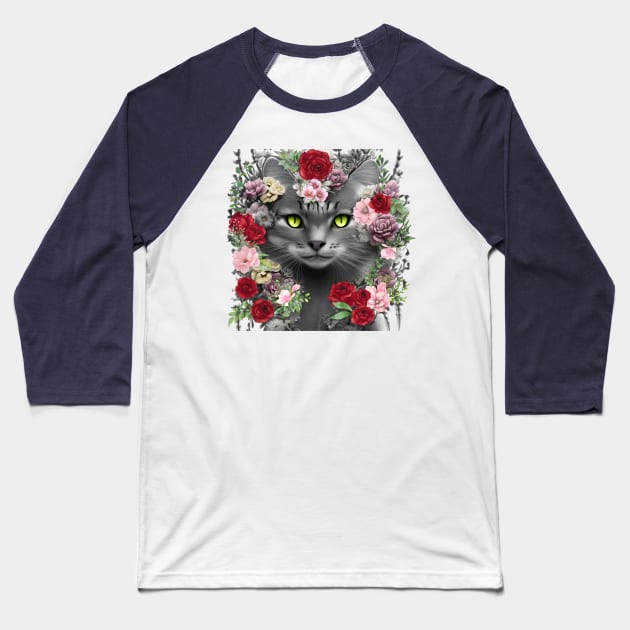 Beautiful Floral Gray Cat Baseball T-Shirt by Hypnotic Highs